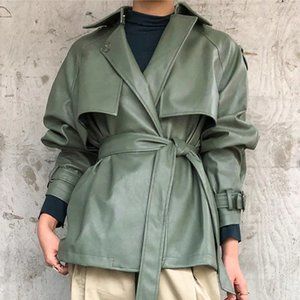 Sage Olive Army Green Faux Leather Trench Coat